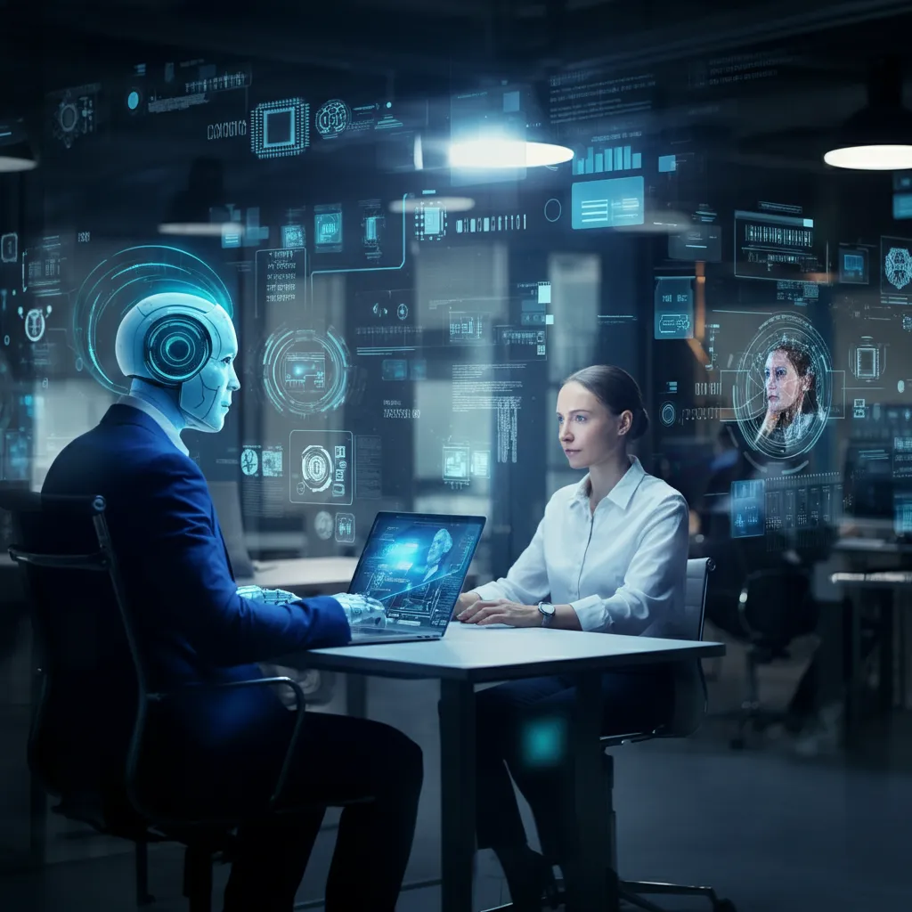 AI agents collaborating in an ultramodern office environment. Machines and humans work together seamlessly.