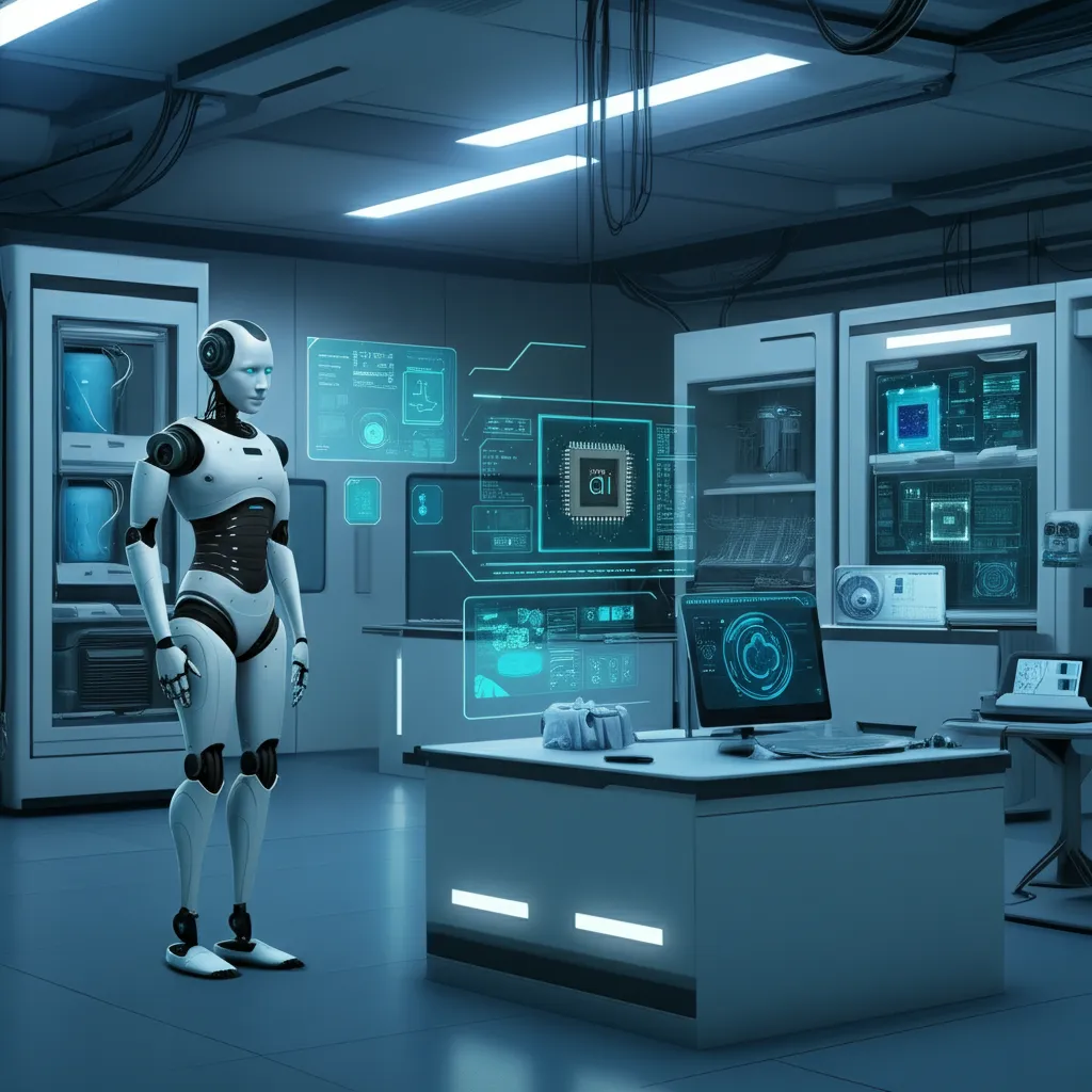 A futuristic laboratory displaying advanced humanoid robots and AI technology.