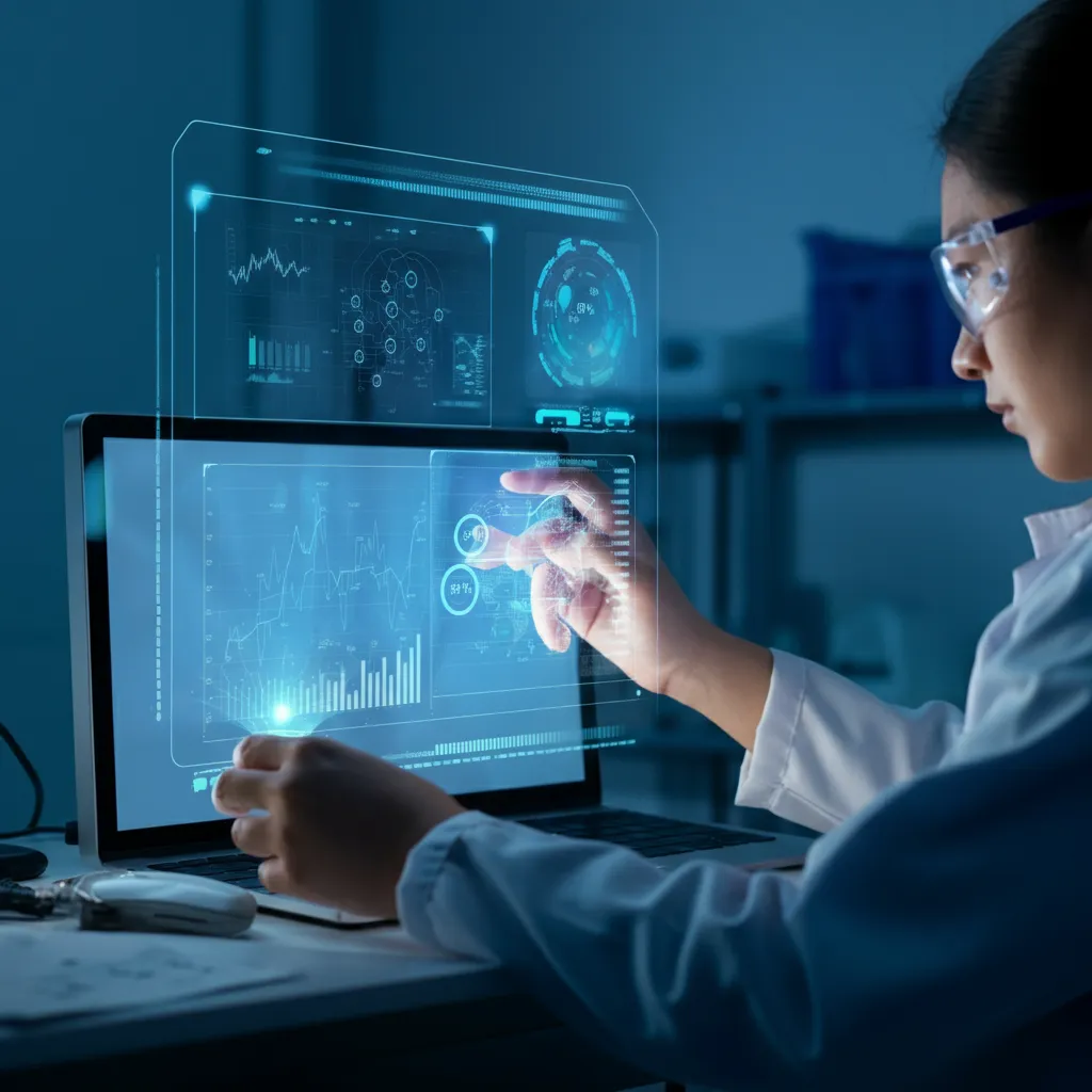 A concept image of a research lab showing AI model developers working with various data formats depicted through holographic interfaces.