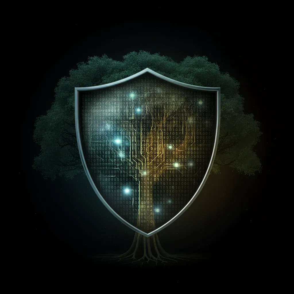 A conceptual shield protecting a digital forest of data streams, symbolizing security in AI.