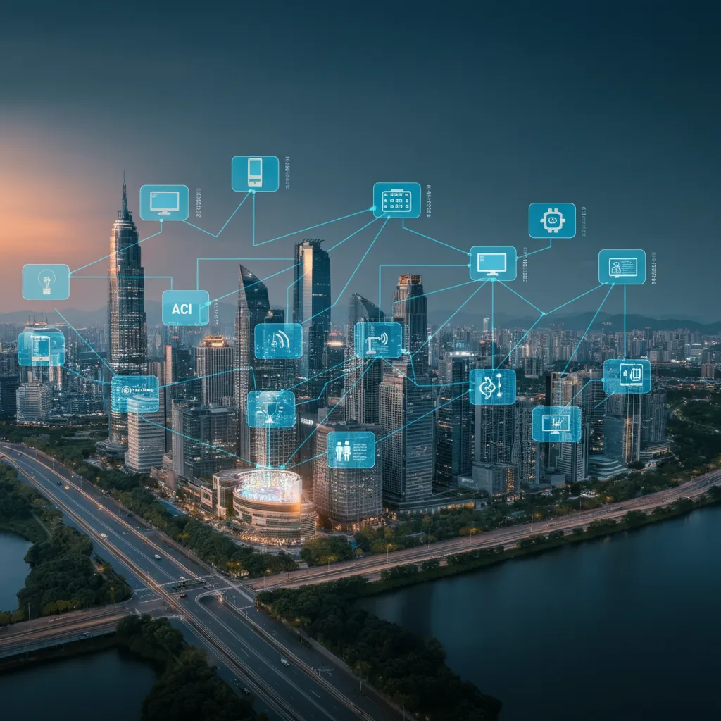 A futuristic smart cityscape showcasing AI integration in everyday life, with visualized data flows and connected devices.