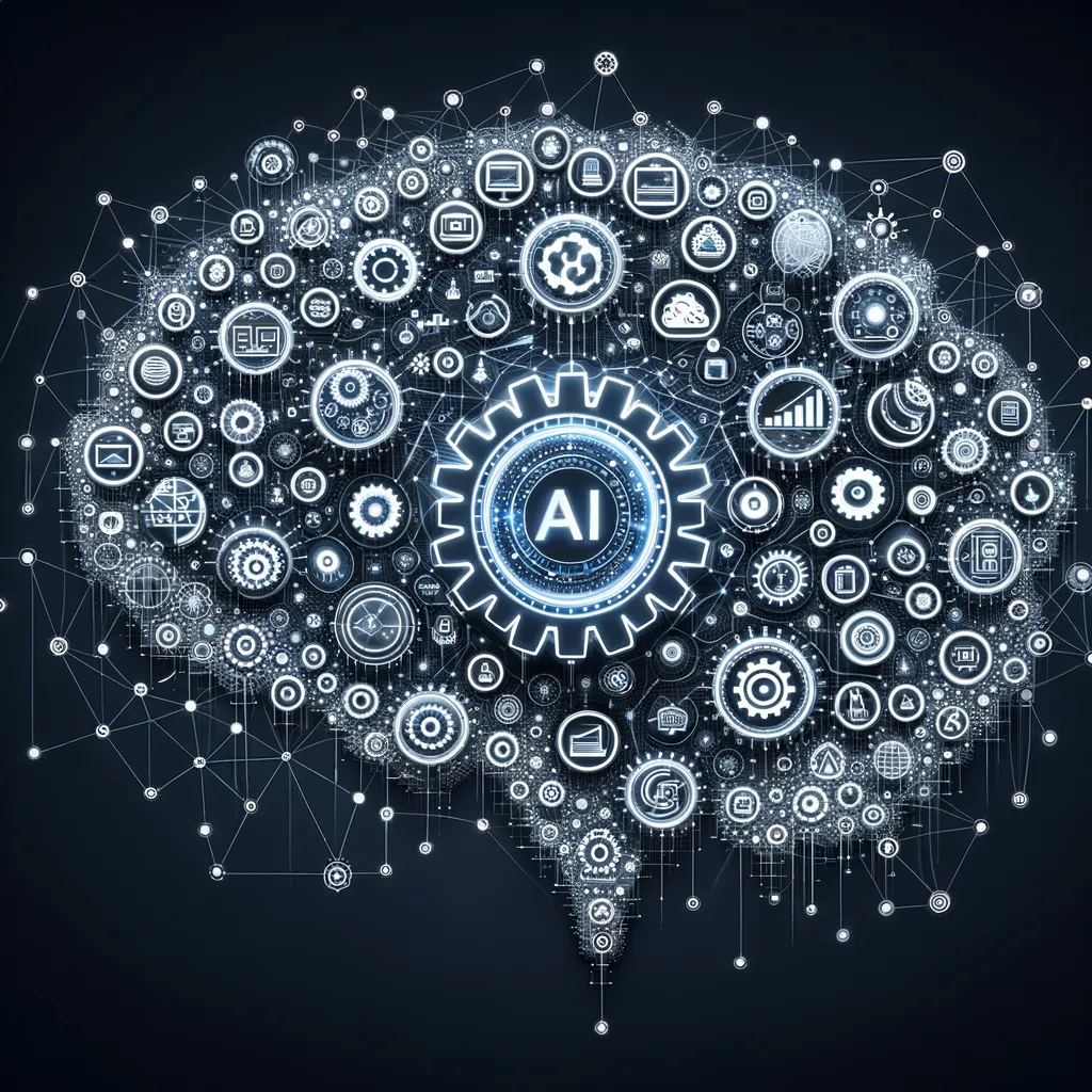 The transformative power of AI in business settings, illustrated by a digital brain interacting with various business processes.