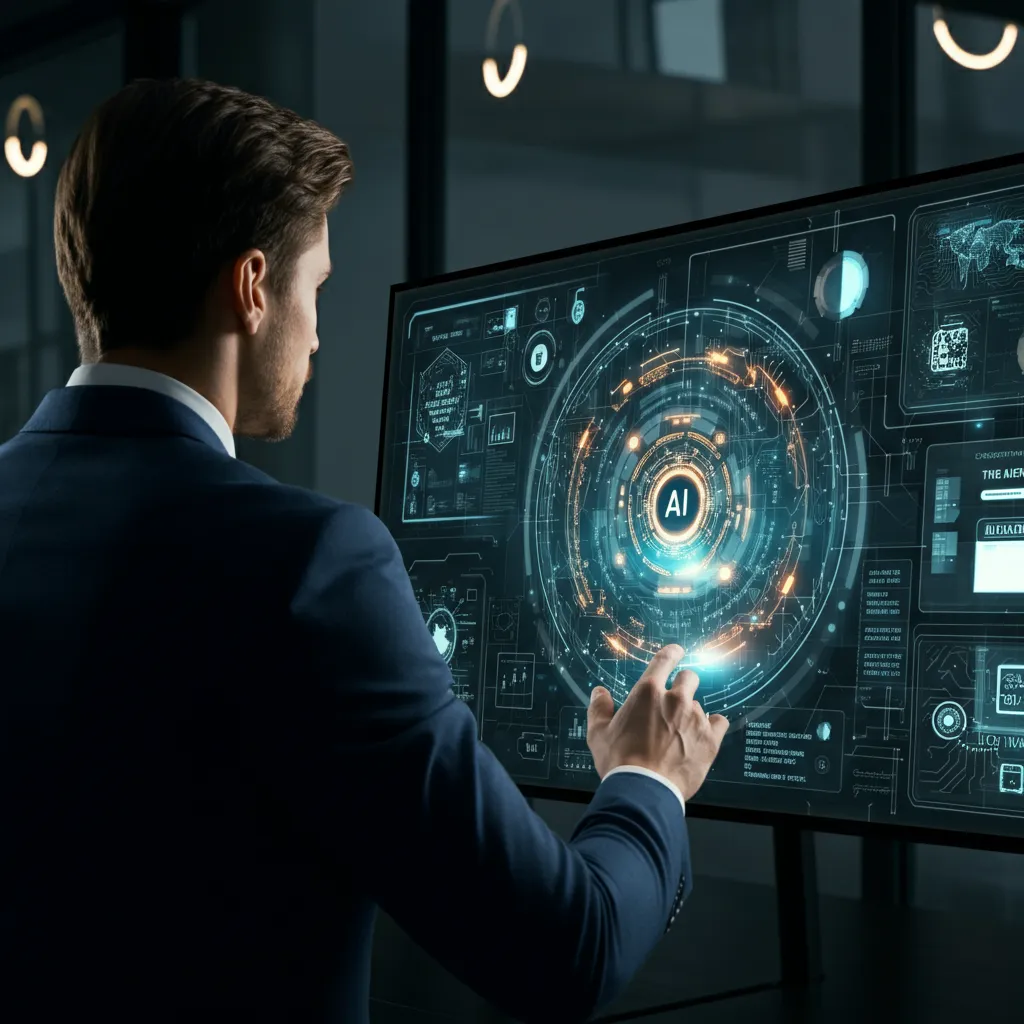 A businessman looking at a large digital display of AI features and concepts