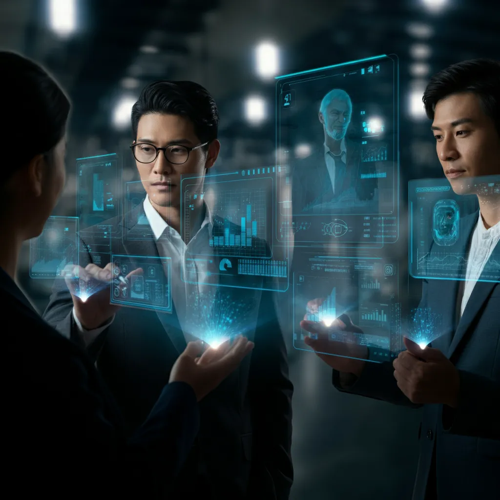 Illustration of business professionals collaborating with digital AI interfaces, symbolizing the integration of GPT-5 in enterprise settings.