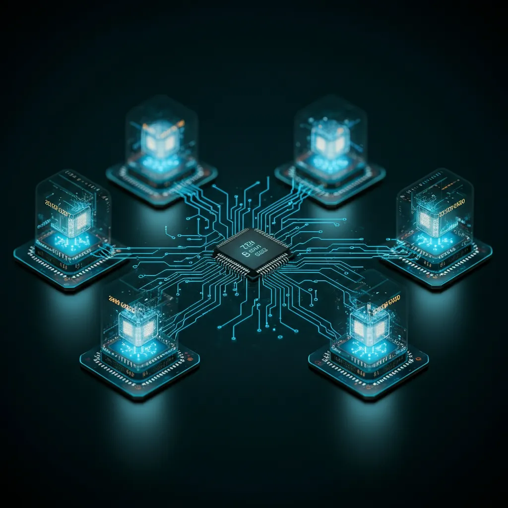 Illustration of AI agents collaborating with various digital platforms, representing interconnected AI ecosystems.