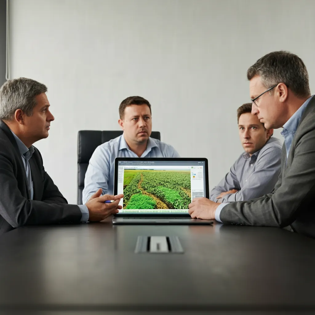A team of engineers discussing SLMs application in smart agriculture, showing digital maps and crop analytics on tablets.