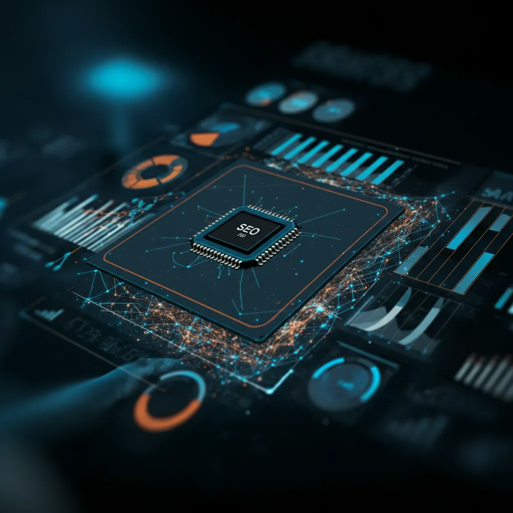 The representation of a futuristic AI computer screen with digital text and graphs, illustrating data analysis and keyword ranking.